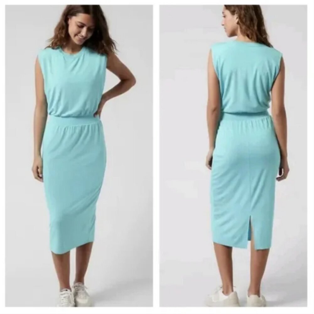 NWT Athleta Santorini Midi Length Cinch Dress in Gulf Green Blue Size Medium
